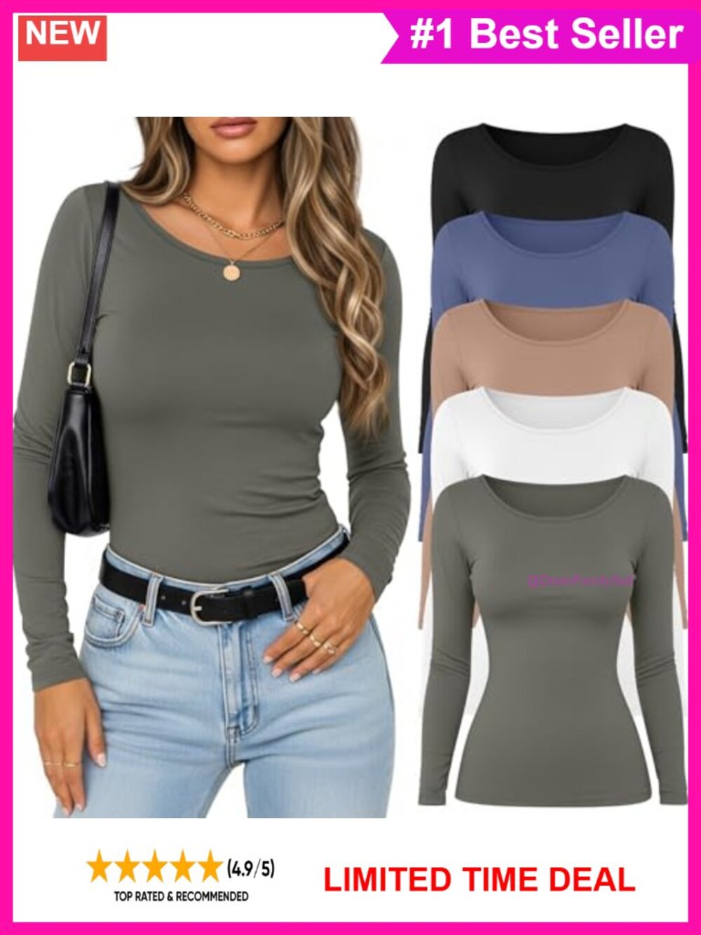 5 Pack Women's Cotton Blend Slim Fit Scoop Neck Long Sleeve T-Shirts